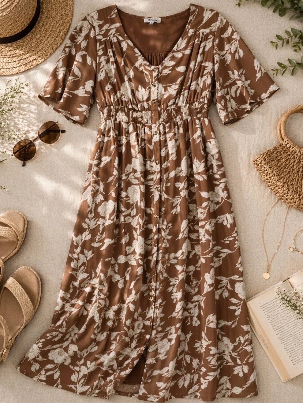 POLAGRAM Brown White Floral S Sleeve Cottage Polyester Maxi Dress. Ladies Small - Picture 1 of 10
